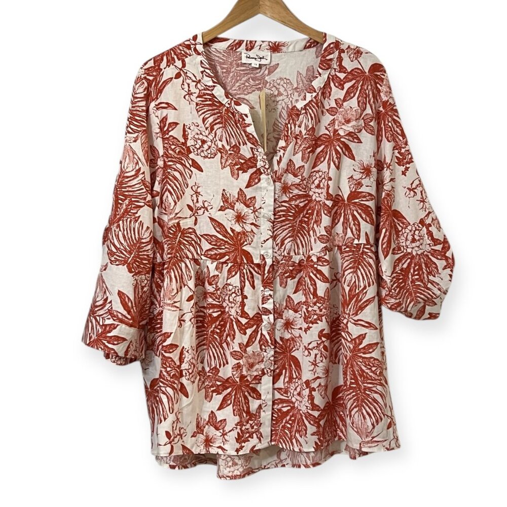 NWT Panama Jack Women’s 1X Linen Rayon Floral Red White Button Front Boho Top